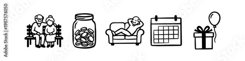 Obraz na plátně A set of black and white line icons representing retirement and senior life, featuring an elderly couple, savings jar, relaxation on a sofa, calendar, and a birthday gift with balloon