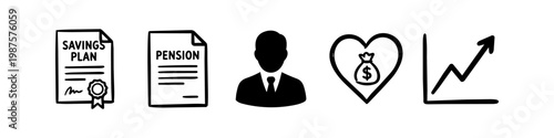 Hand-drawn financial icon set featuring savings plan, pension documents, businessman, money heart, and growth chart. Ideal for retirement planning and personal finance concepts.