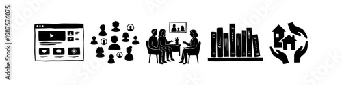 Hand-drawn black and white icon set representing community support, social services, family counseling, education, and housing assistance. Minimalist doodle style on a white background.