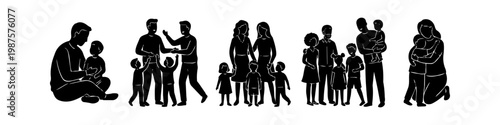 Set of diverse family silhouettes featuring same-sex parents, single parents, and multi-generational groups. Modern icons for inclusive parenting, love, and community on white background.