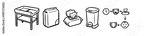 Line art icon set of baby diaper changing essentials, featuring a changing table, diapers, wet wipes, and a disposal bin, with a simple process infographic for parenting guides and blogs.