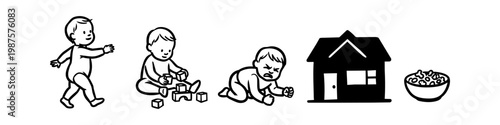 Black and white line art icons depicting baby milestones: walking, playing with blocks, crawling, a house, and a bowl of food. Perfect for parenting and early childhood development themes.