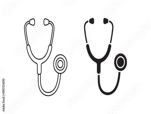 Two black and white illustrations of stethoscopes medical instruments for auscultation and healthcare