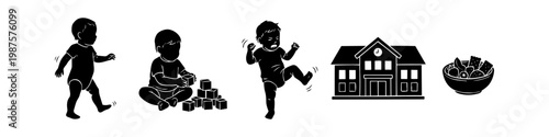 Vector silhouette collection showing toddler activities and childhood milestones including walking, playing, a temper tantrum, school building, and snack bowl. Ideal for parenting content.