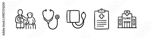 Hand-drawn healthcare icon set featuring a doctor assisting a senior, stethoscope, blood pressure monitor, clipboard, and clinic building in simple black line art style.