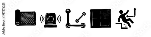 Hand-drawn icon set for home safety and fall prevention, featuring a non-slip mat, medical alert alarm, grab bars, and a person slipping on stairs for elderly care and accessibility.