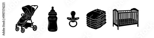 Silhouette set of essential baby items: stroller, feeding bottle, pacifier, stacked diapers, and crib. Minimalist black and white graphic icons for newborn care and parenting.