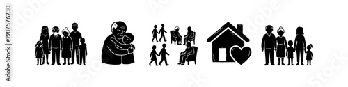 Set of minimalist black silhouettes depicting senior care, multi-generational family bonds, elderly support, and aging with love. Ideal for healthcare, nursing home, and community services.