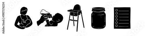 Set of minimalist black silhouette icons representing baby feeding and care, including breastfeeding, bottle feeding, a high chair, a food jar, and a daily routine checklist.