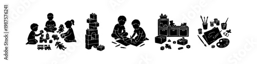 Black silhouette collection of children playing with building blocks, drawing, and art supplies. Ideal for educational materials, nursery decor, and creative play themes.