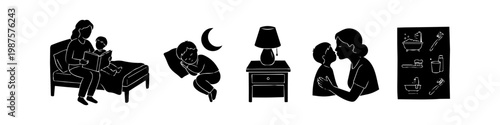 Minimalist black silhouette icons depicting a child's bedtime routine: reading stories, sleeping, a goodnight kiss, and hygiene tasks like brushing teeth. Ideal for parenting and family content.