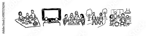 Hand-drawn doodle set showing family activities: picnic, watching TV, playing board games, walking in the park, and cooking together in the kitchen. Black and white line art illustration.