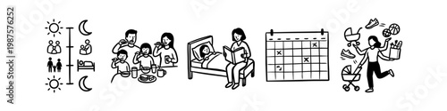 Hand-drawn line art icons depicting family daily routines, including brushing teeth, bedtime stories, calendar planning, and a multitasking mother juggling household chores.