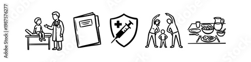 Hand-drawn icon set illustrating health and wellness: medical checkup, vaccination, family fitness, and healthy nutrition. Minimalist black and white doodle style for healthcare concepts.
