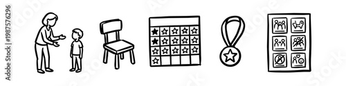 Set of hand-drawn doodle icons for child behavior management and education, featuring a reward chart, achievement medal, visual schedule, and teacher-student interaction.