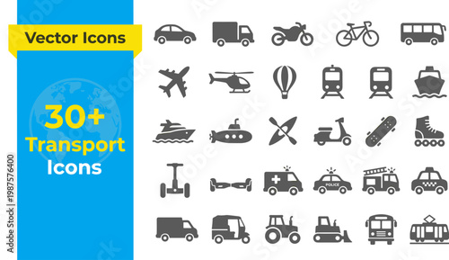 A collection of transport icons featuring different vehicles, suitable for use in design, marketing, and educational materials.