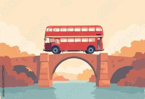 clean flat poster antique, red doubledecker bus, rendered severe minimalist profile bus is driving across flat geometric bridge Limited color palette red, cream No text