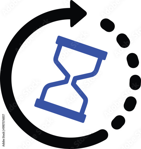 A blue hourglass rotates in a circular motion with black dots.