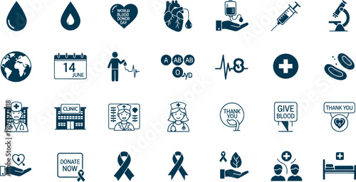 World blood donor day icons and illustrations