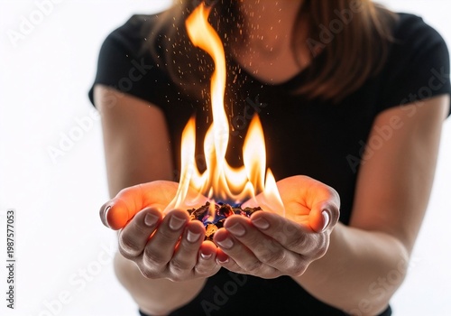 Woman holding flames in hands with sparks on white background  