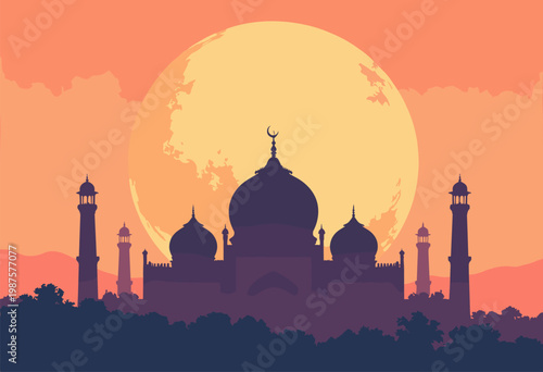 minimalist poster showing only distinctive domed roof crescent moon silhouette intricate mosque, silhouetted against massive golden sun Symmetrical composition No text
