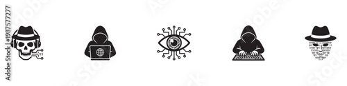 Cyber security and hacking icons set. Digital pirate, anonymous hacker, data breach and internet technology symbols. Vector Illustration