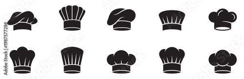 Chef hats silhouettes icons. Large set of chef hats silhouettes icons. Collection of professional cook toque and bakery headwear symbols. Vector Illustration