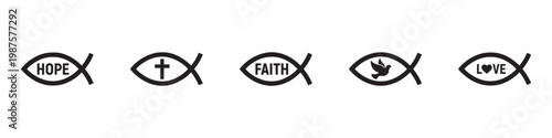Christian fish icon. Sign of jesus. Logo of christianity. Religious symbol for faith, christ and bible. Black emblem of ictus for religion, god. Graphic design silhouettes on white background. EPS 10