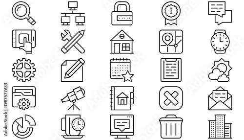 25 Minimalist Black Vector Icon Set Collection Bundle for Web and App UI Design. Includes Business, Technology, Security, Communication, Navigation, Real Estate, Weather, and Data Analytics Symbols.