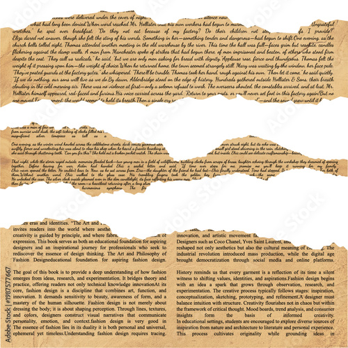 Foto Set of Torn Vintage Paper Scraps with Printed Text, Ripped Antique Parchment Fra
