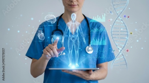 Medical Professional in Blue Scrubs Analyzing an Interactive 3D Holographic Human Body and Skeletal Scan on a Digital Tablet, Featuring DNA and Data Analytics for Modern Healthcare