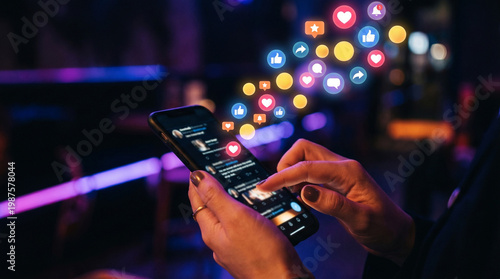 Mobile user interaction with glowing engagement notifications and social media activity in neon lighting to increase followers social media metrics