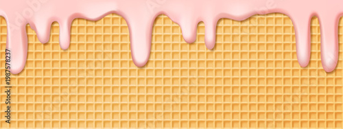 Waffle with pink ice cream texture. Wafer cone pattern bg with icecream melt. Candy gelato drip on lattice shape biscuit, vector rectangle poster. Waffel seamless cake with 3d splash sauce backdrop
