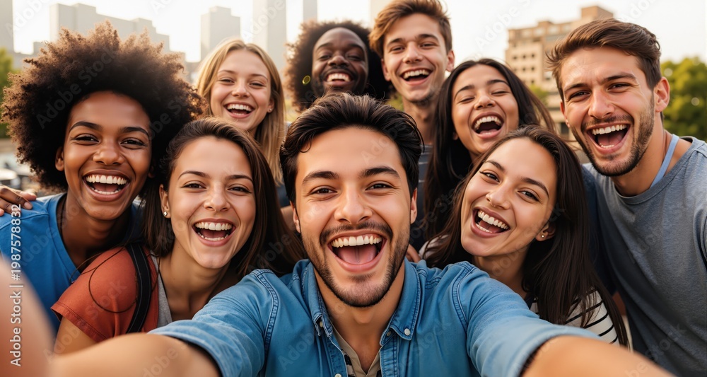 Obraz premium Group of friends having fun together making a self portrait with happy faces 