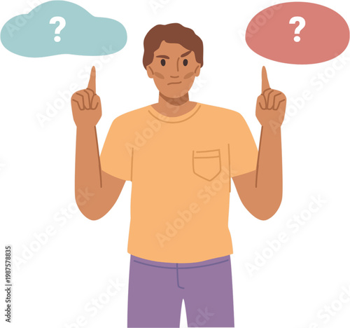 Confused decision making person flat illustration style icons set. thinking, uncertainty, choice, question marks, dilemma, problem solving, doubt, human expression