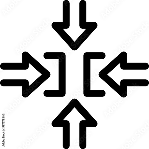 Data compression interface outline icons set. inward arrows, focus center, minimize screen, convergence design, digital control, UI elements, system optimization