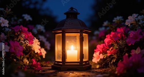 Illuminated Lantern Among Night Flowers