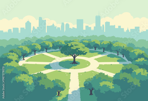 conceptual city park vast, perfect green circle single stylized, symmetrical tree center, surrounded maze geometric pathways Zen minimalism No text