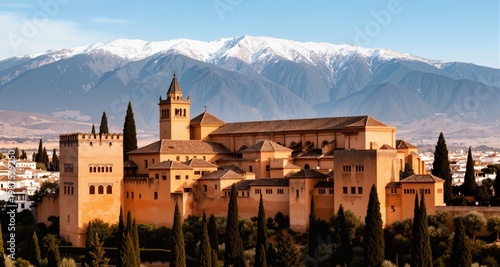 Alhambra complex with Sierra Nevada mountains at background, Granada, Spain
