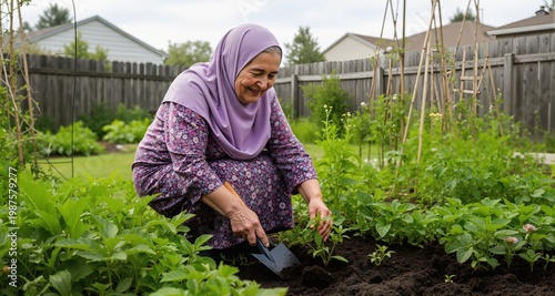 Happy old muslim woman gardening at backyard
