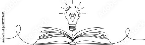 Continuous line drawing of an open book with a light bulb, concept of education and knowledge