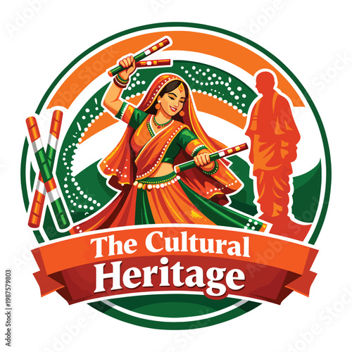 Cultural Heritage festival emblem logo with traditional Garba dandiya dancer, drum player figure, floral motifs, and rhythmic circular banner, representing Indian folk unity proud