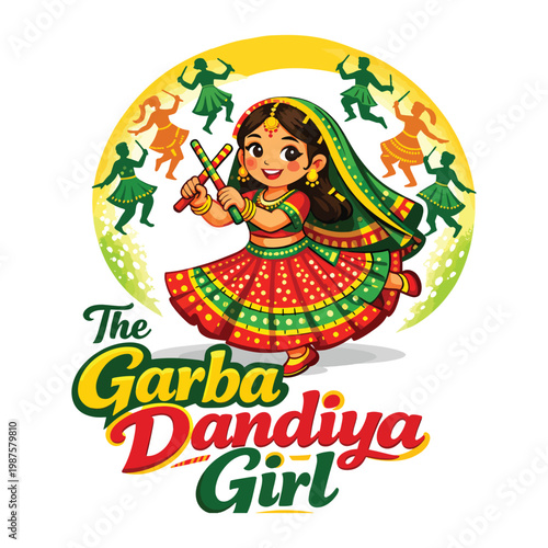 Garba Dandiya Girl festive emblem with dancing woman, colorful attire, dandiya sticks, and circular background, celebrating Gujarati Navratri festival culture for festive branding