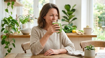 A middle-aged woman drinking green juice, natural expression, glass catching the light and a bright wellness setting, clean soft illumination with a calm healthy-living atmosphere, ultra-realistic, no