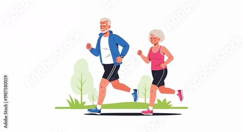 Elderly couple jogging together in a park during the morning with trees and grass around them promoting fitness and well-being