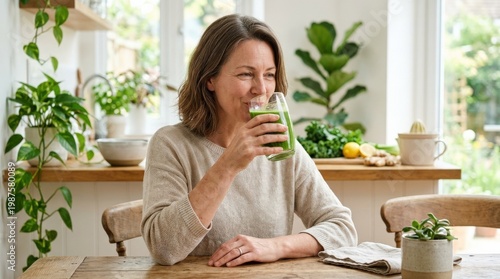 A middle-aged woman drinking green juice, natural expression, glass catching the light and a bright wellness setting, clean soft illumination with a calm healthy-living atmosphere, ultra-realistic, no