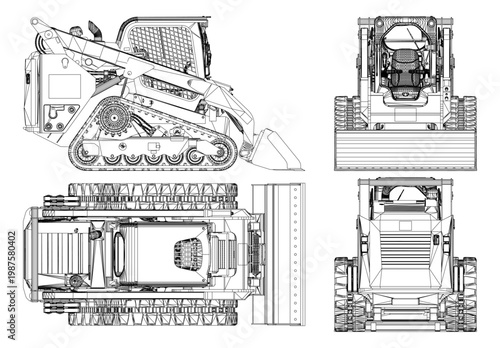 Backhoe Excavator Machine Vector. Heavy machinery with tracks and a bucket. Cabin interior visible through open window. Lines detail moving parts and metal structure. Ideal for construction.