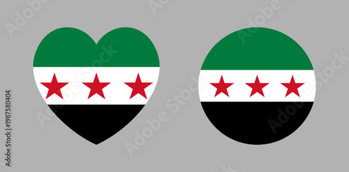 Syria country flag heart shaped, round sticker, button set. New circular, heart icon, background national flag of Syrian Arab republic. Syria flag badge, banner in circle, heart shape.