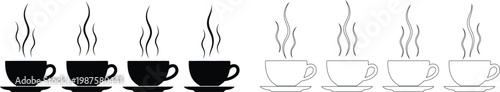 Black and white illustration of coffee and tea cups saucers and teapots