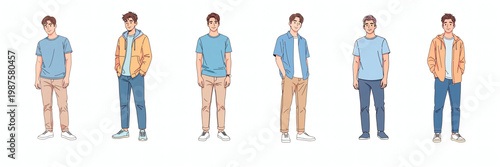 Casual outfits worn by a young man in various styles and colors for a high fidelity visual experience